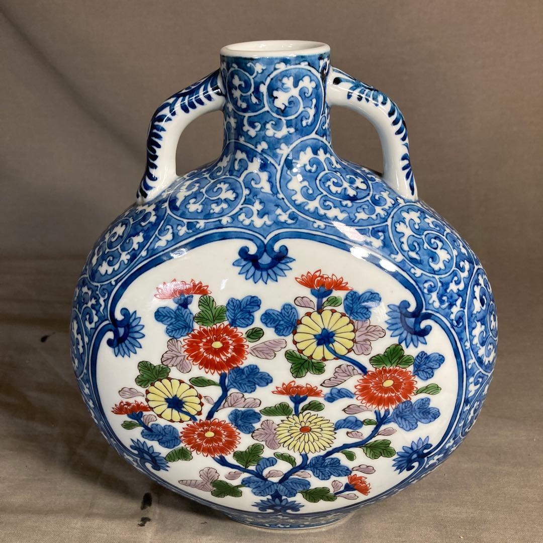 【源右衛門】古伊万里の伝統　日本の名窯　舘林源右衛門作　染錦菊絵　扁壺（花瓶）