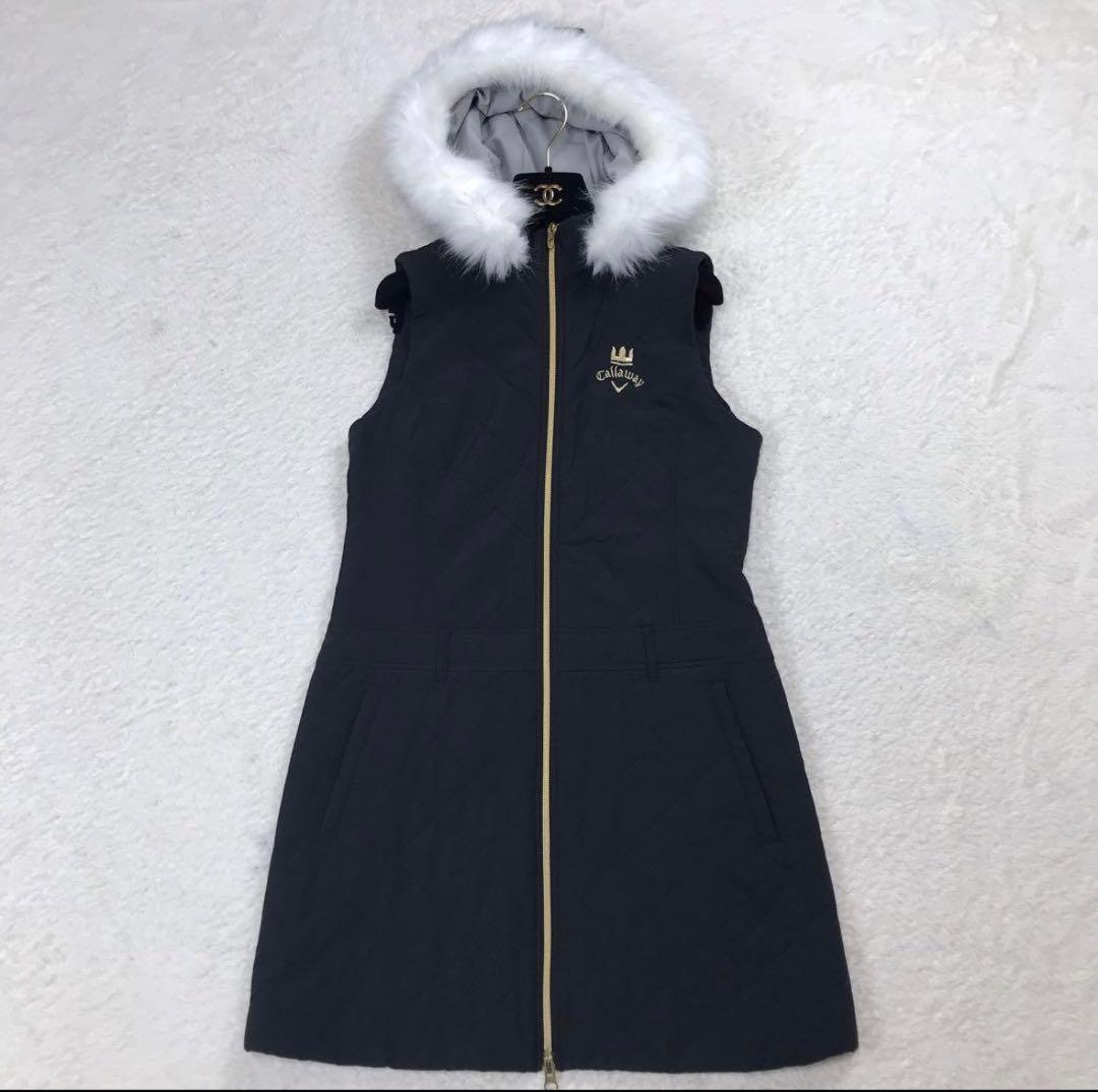 Callaway ダウンワンピース　ロングベスト 　黒　 フード取外し可 M