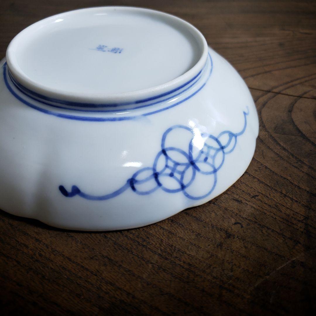 八花弁皿　染付　色絵付　取り皿　なます皿　岩　梅　菊　銘　明治　ハ号