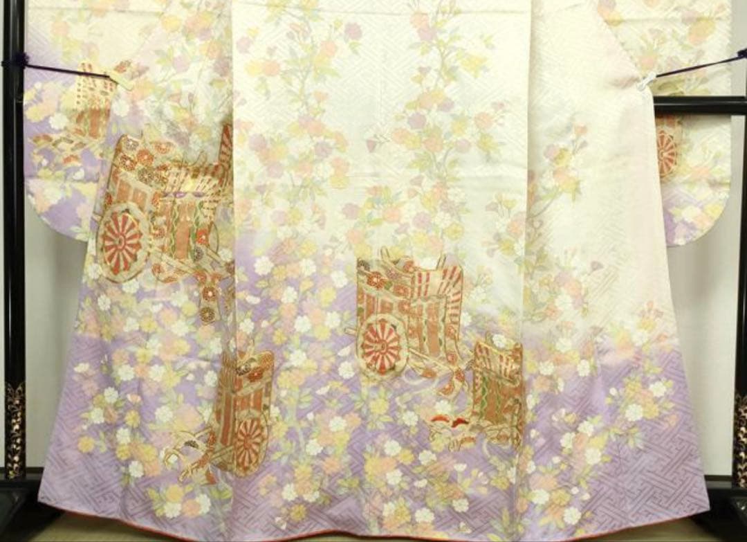 振袖フルセット6点サイズM〜Ｌ駒刺繍　御所車花文　暈し染め　金彩　正絹