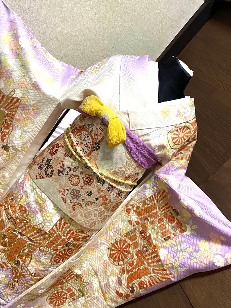 振袖フルセット6点サイズM〜Ｌ駒刺繍　御所車花文　暈し染め　金彩　正絹