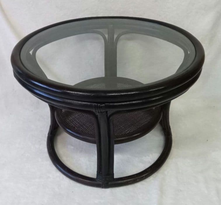 ラタン　サイドテーブル　ガラステーブル　籐　黒色　丸テーブル　センターテーブル