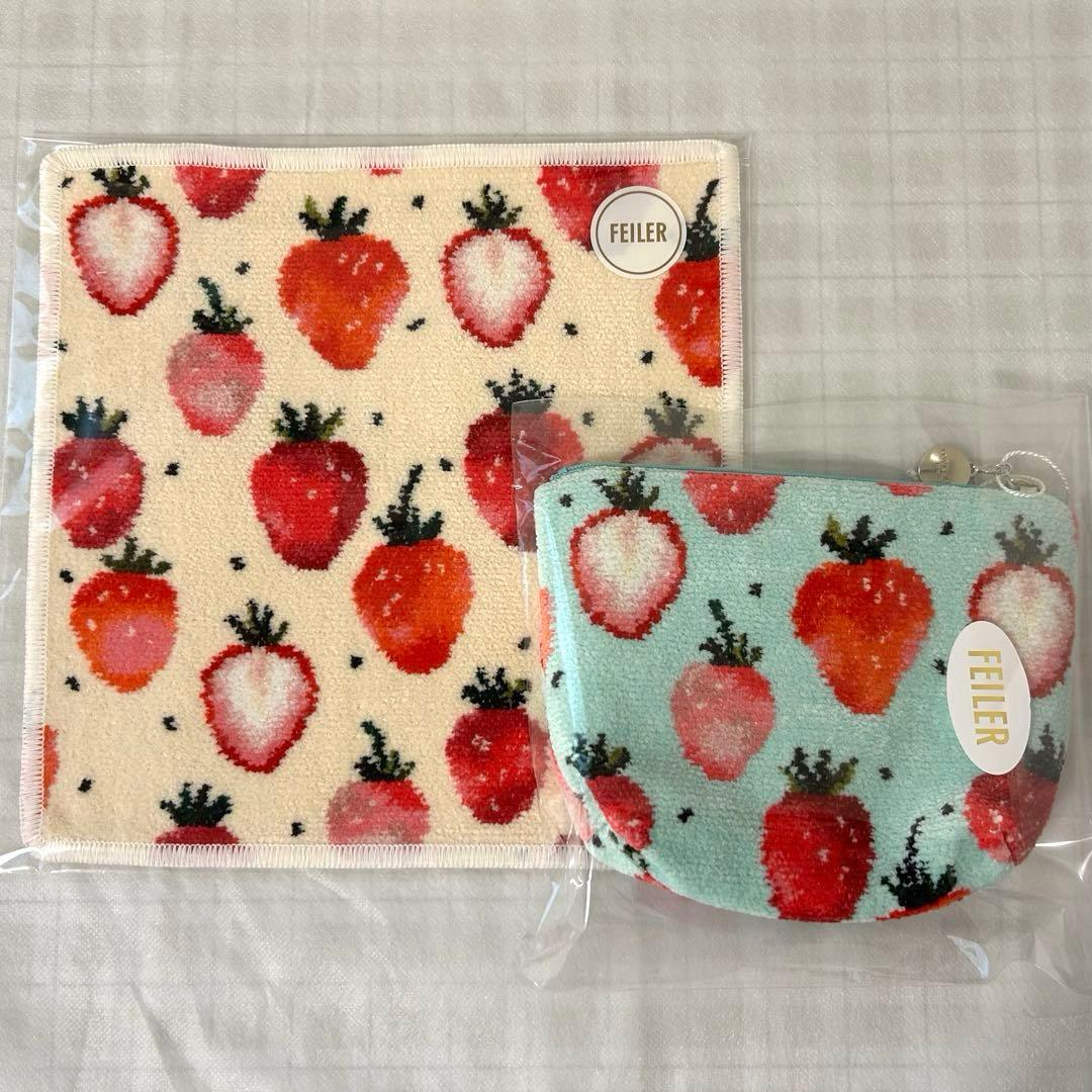 ラブラリー♡ストロベリードットハンカチ＆ストロベリードット舟型ポーチMフェイラー