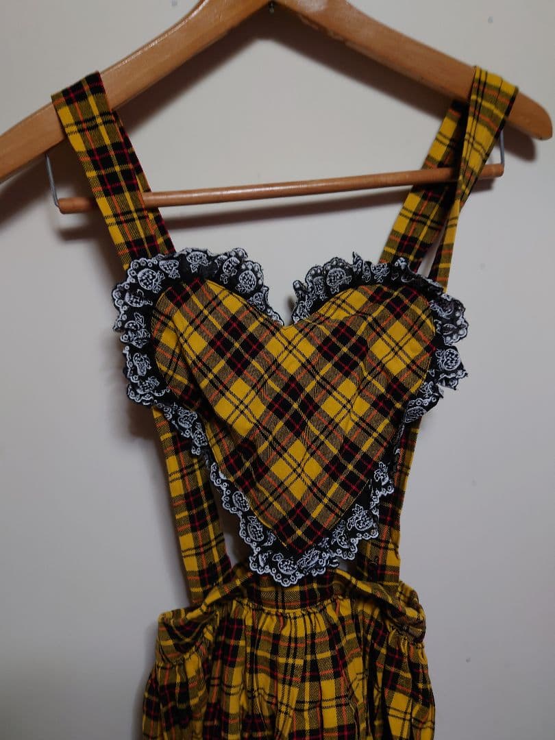 ROSANJIN ROOM ハート胸当てサスペンダーチェックスカート 黄色 美品