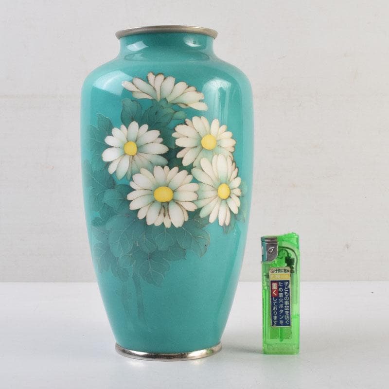 七宝焼　青釉　花文　花瓶　V　8999