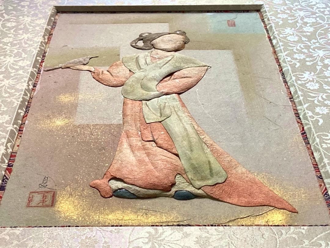 昔は有名な荒川夏子　古典絵　古代壁画女人像　1982年貼り絵細工　絵画　金粉加工