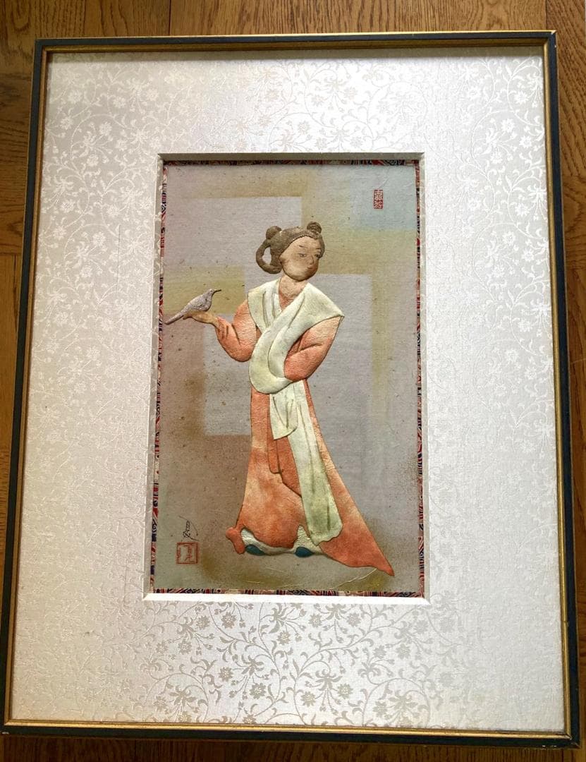 昔は有名な荒川夏子　古典絵　古代壁画女人像　1982年貼り絵細工　絵画　金粉加工