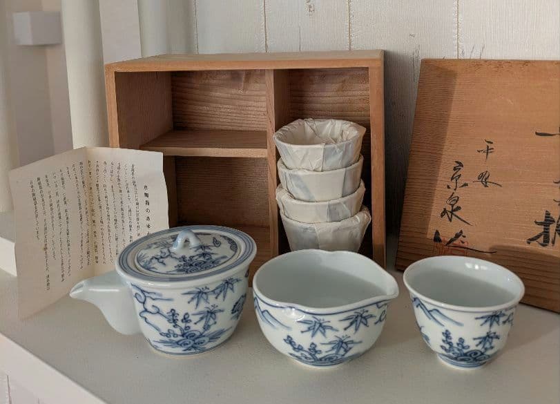 染付山水絵　煎茶器揃　平安京泉作　京焼　清水焼
