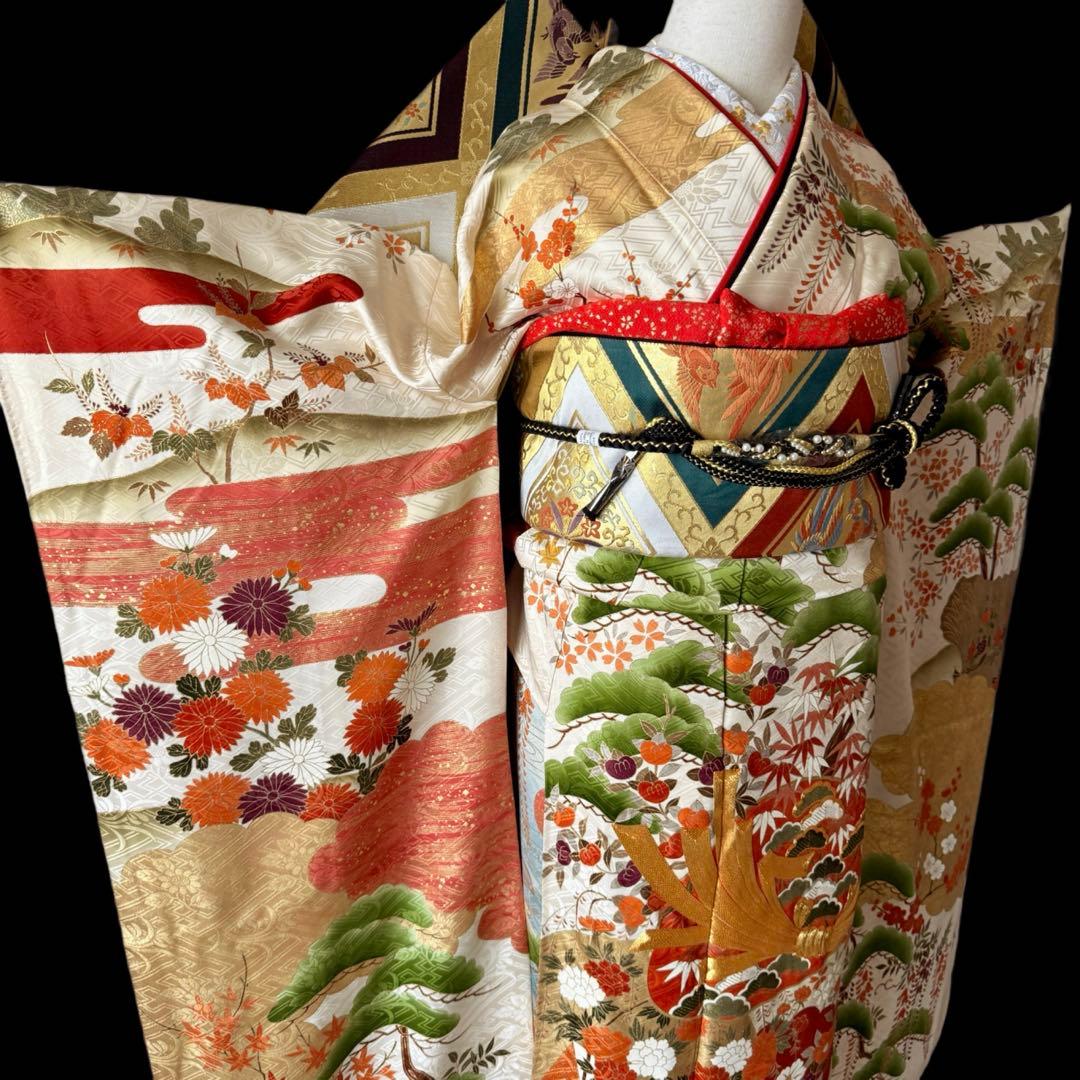 極上　振袖フルセット　手描き金彩友禅　西陣織袋帯　正絹長襦袢　トールサイズ