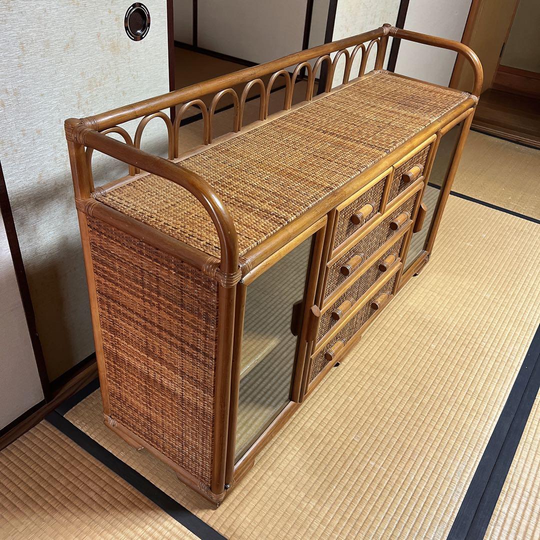 ラタン 籐素材 サイドボードチェスト 4段 ヴィンテージ 古道具