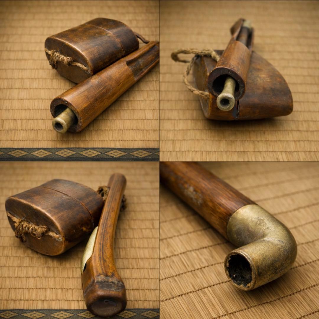 江戸後期〜明治初期 竹羅宇煙管 木製煙管入 雁彫刻金具 時代物 稀少 喫煙具一式