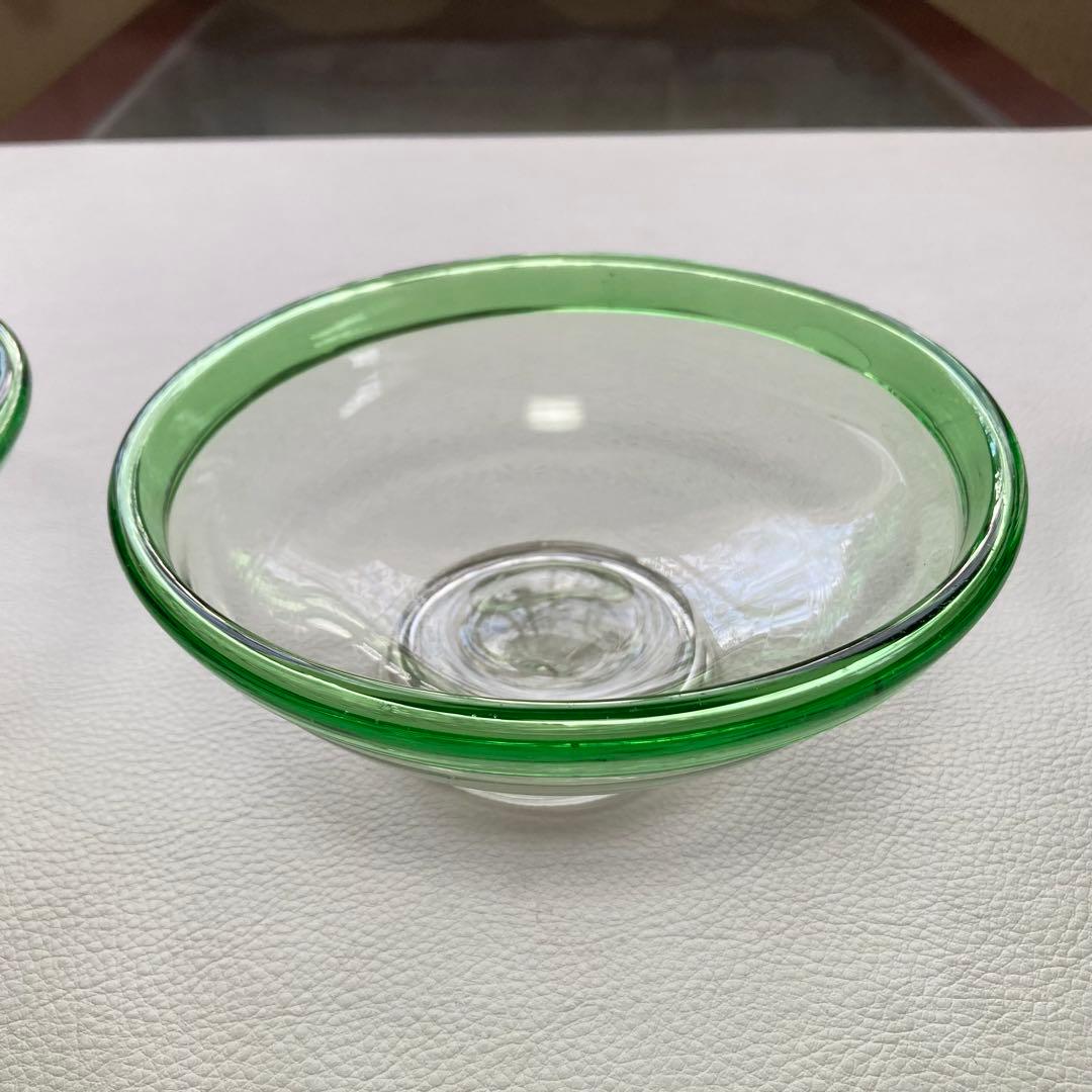 古いガラス鉢 かき氷 カップ ボウル 食器 花器 グリーン 3点 骨董 レトロ