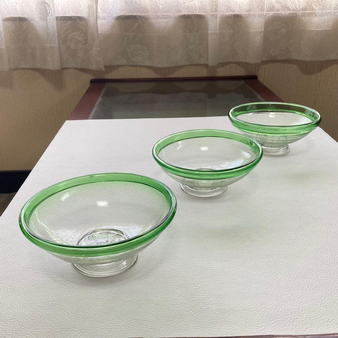 古いガラス鉢 かき氷 カップ ボウル 食器 花器 グリーン 3点 骨董 レトロ