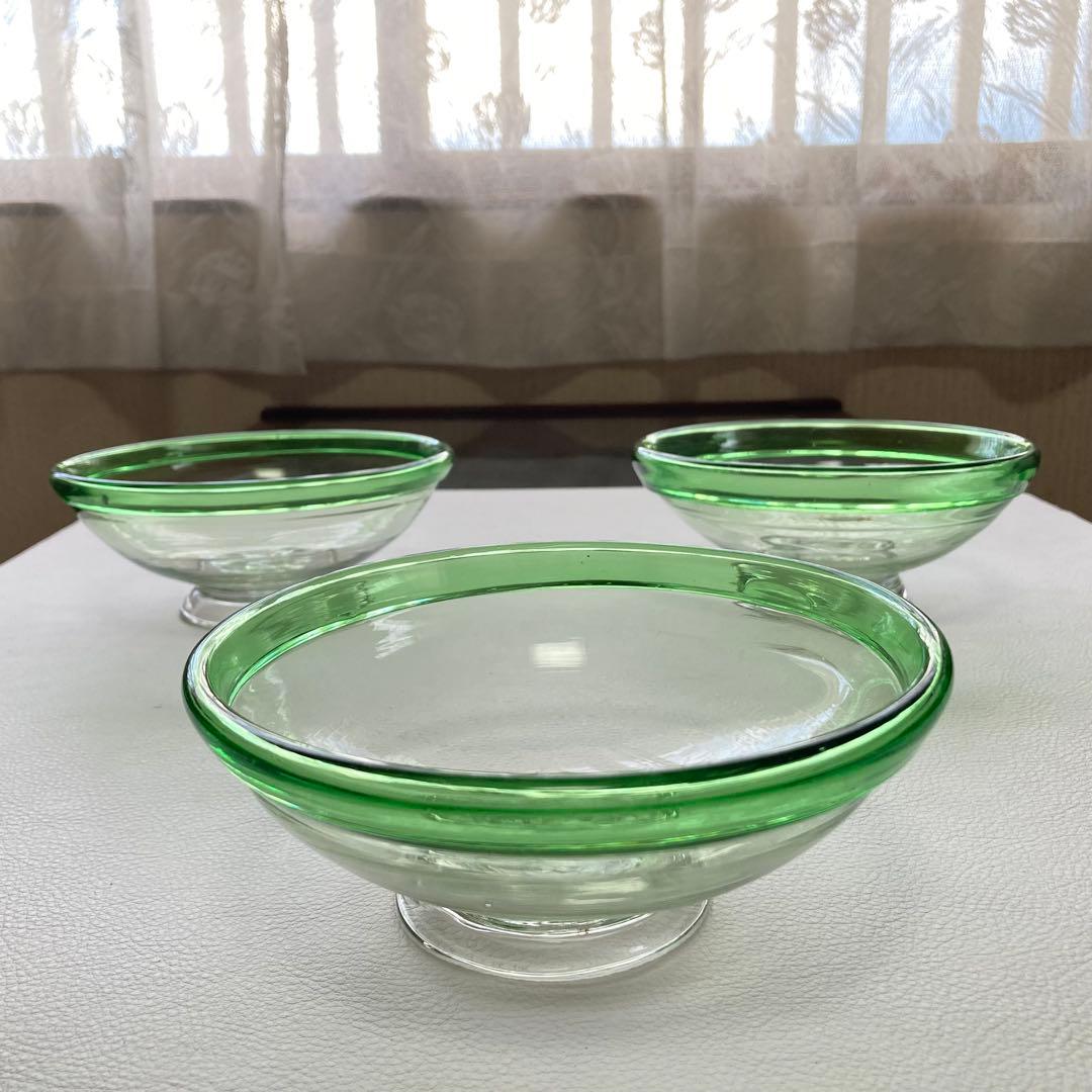 古いガラス鉢 かき氷 カップ ボウル 食器 花器 グリーン 3点 骨董 レトロ