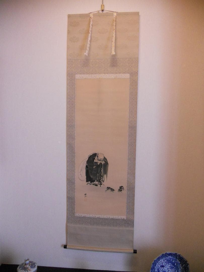 掛け軸 福田桂山 布袋に鶏 絹本 希少 軸装 茶道具 掛軸 美品 です。