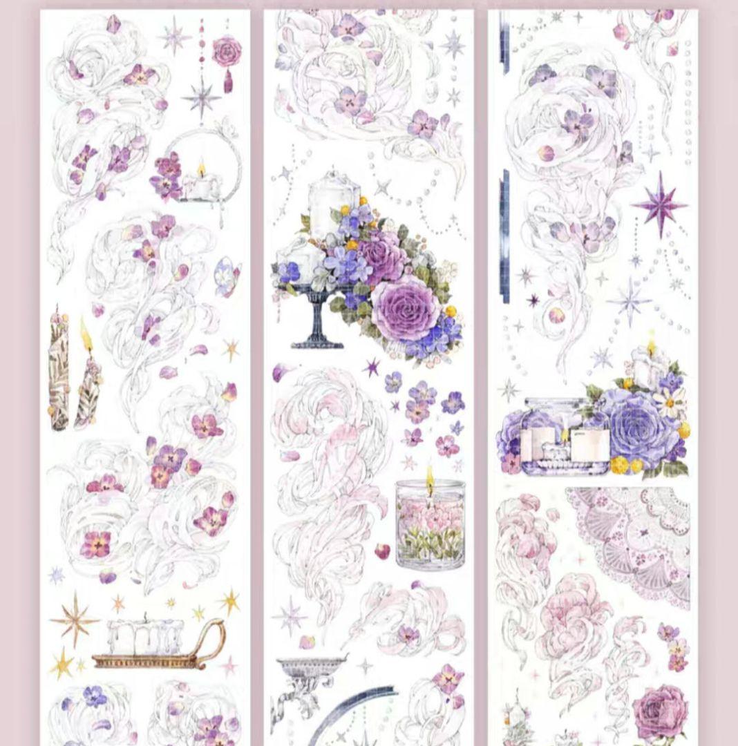 巻売 496★ 海外 マスキングテープ マステ PET 装飾 花 銀ホロ