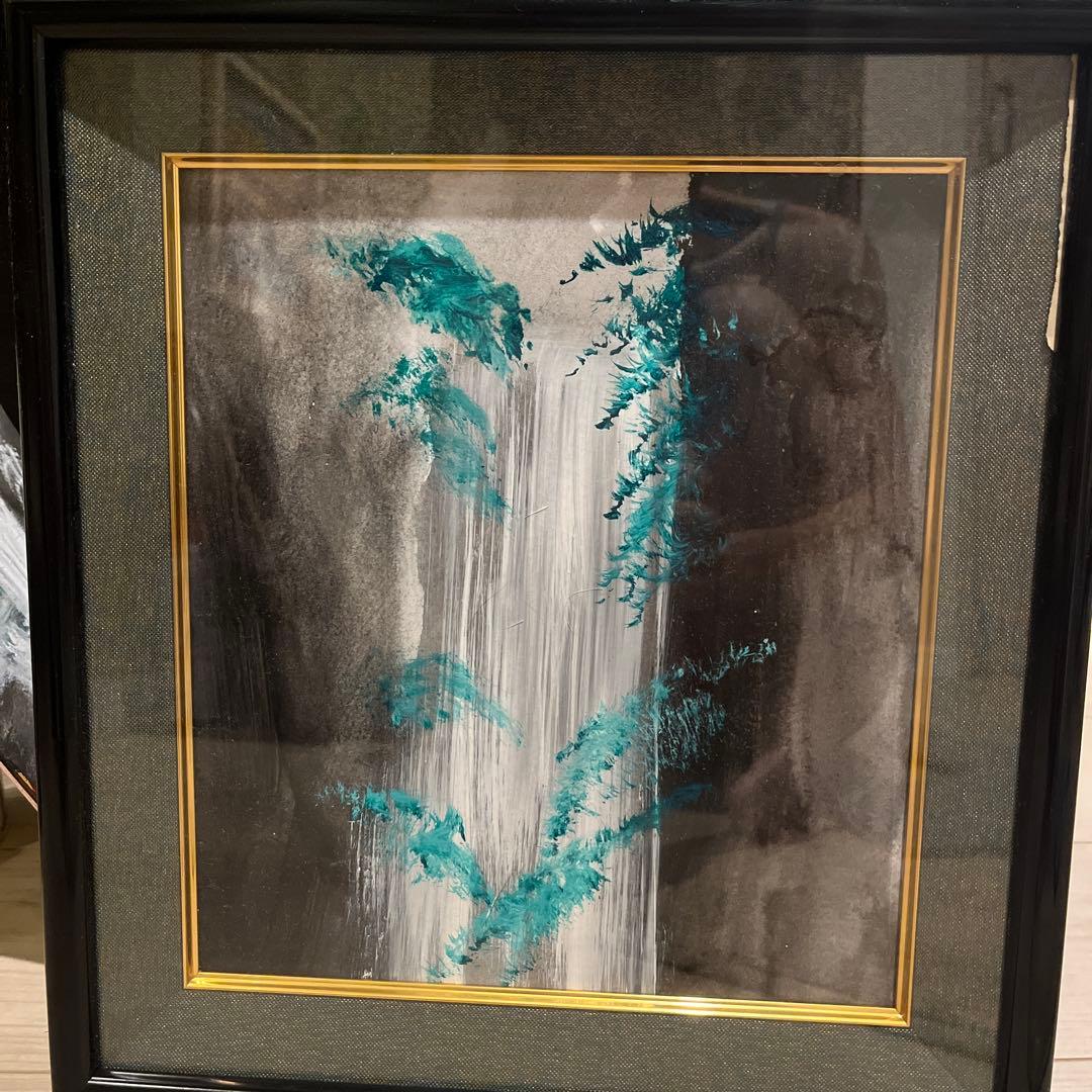 水墨画 黒と青緑の風景画27✖️25フレームなし