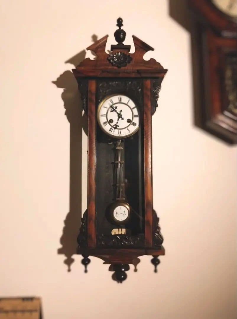 柱時計（OH済）ユンハンス　黒柿　アンティーク　琺瑯文字盤　精工舎　ゼンマイ