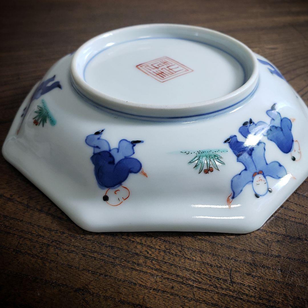 八角形　変形皿　無花果　色絵付　染付　中国童　柿右衛門様式　古伊万里　ロ号