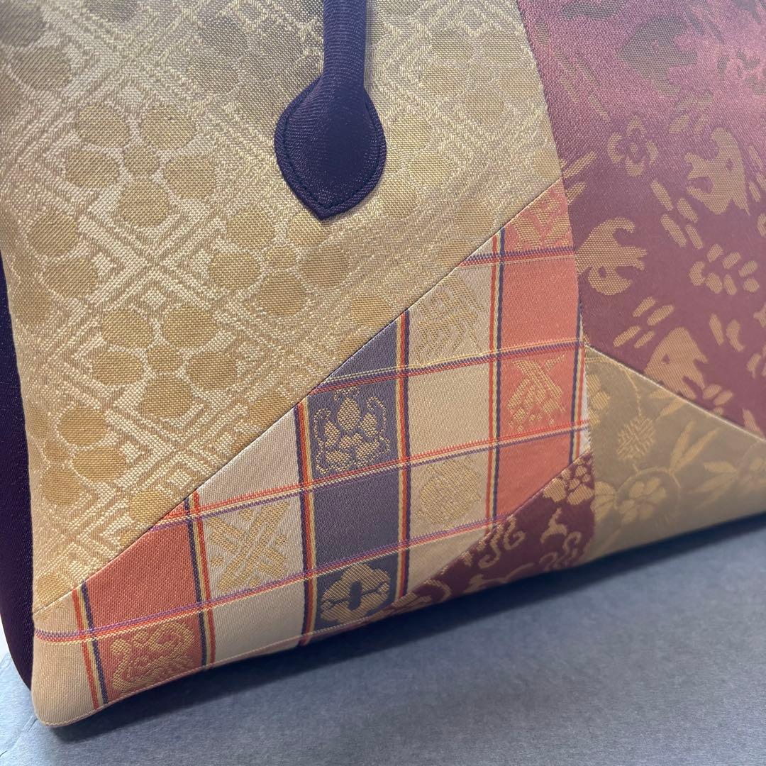 美品　利休バッグ　着物　訪問着　帯地　正絹　和装用バック　紫　　金　紫紺