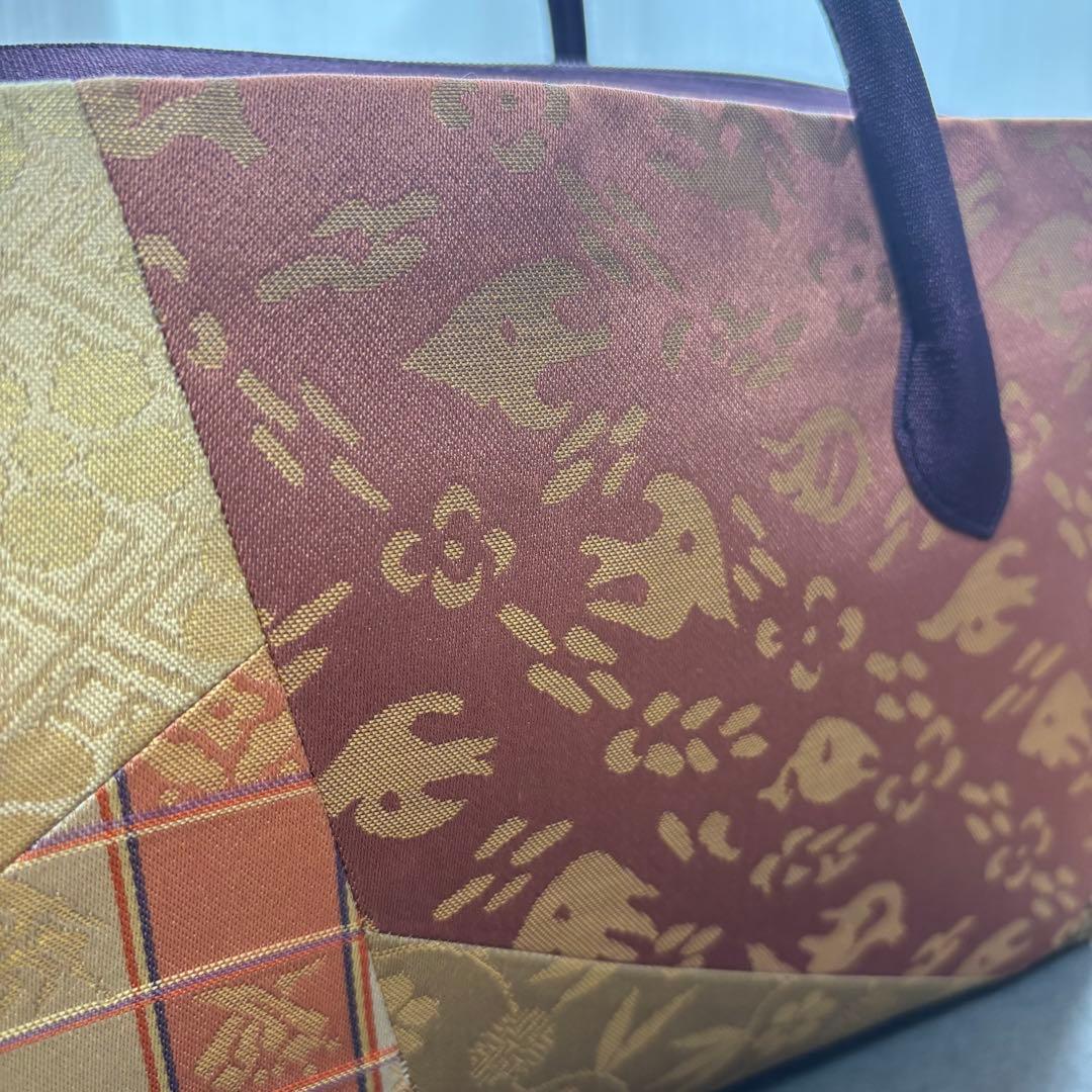 美品　利休バッグ　着物　訪問着　帯地　正絹　和装用バック　紫　　金　紫紺