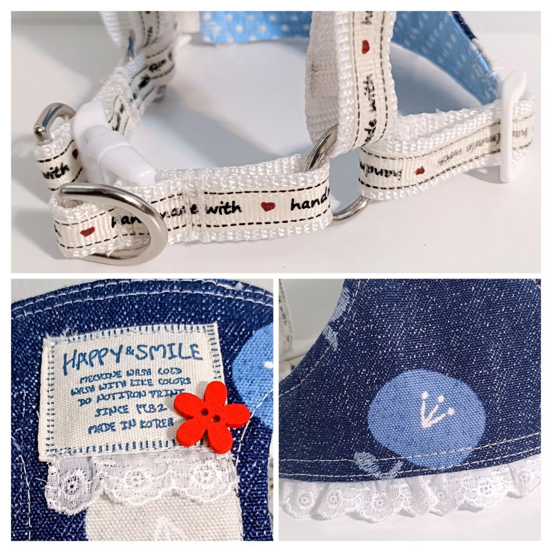 小型犬用 ハーネス Mサイズ ハンドメイド 北欧風 花柄 デニム