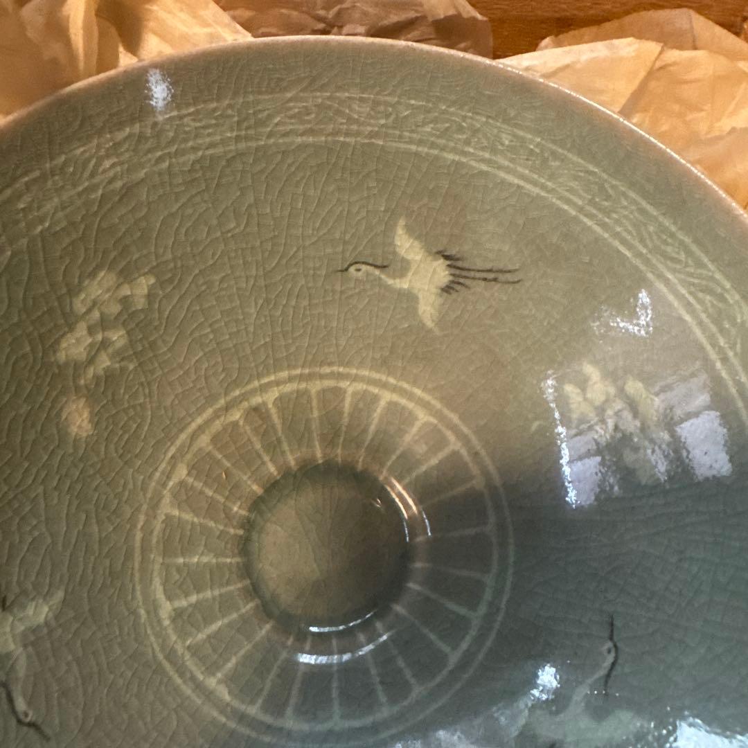 緑色 鶴模様 茶碗