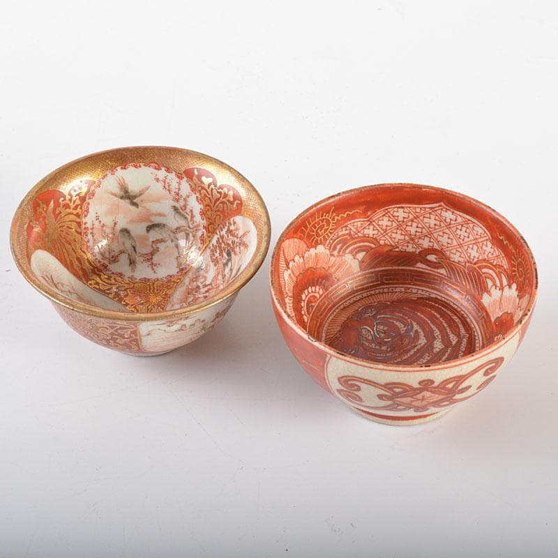 九谷焼　大日本九谷　清閑製　赤絵金彩　盃　二客　時代箱付　G　R6476