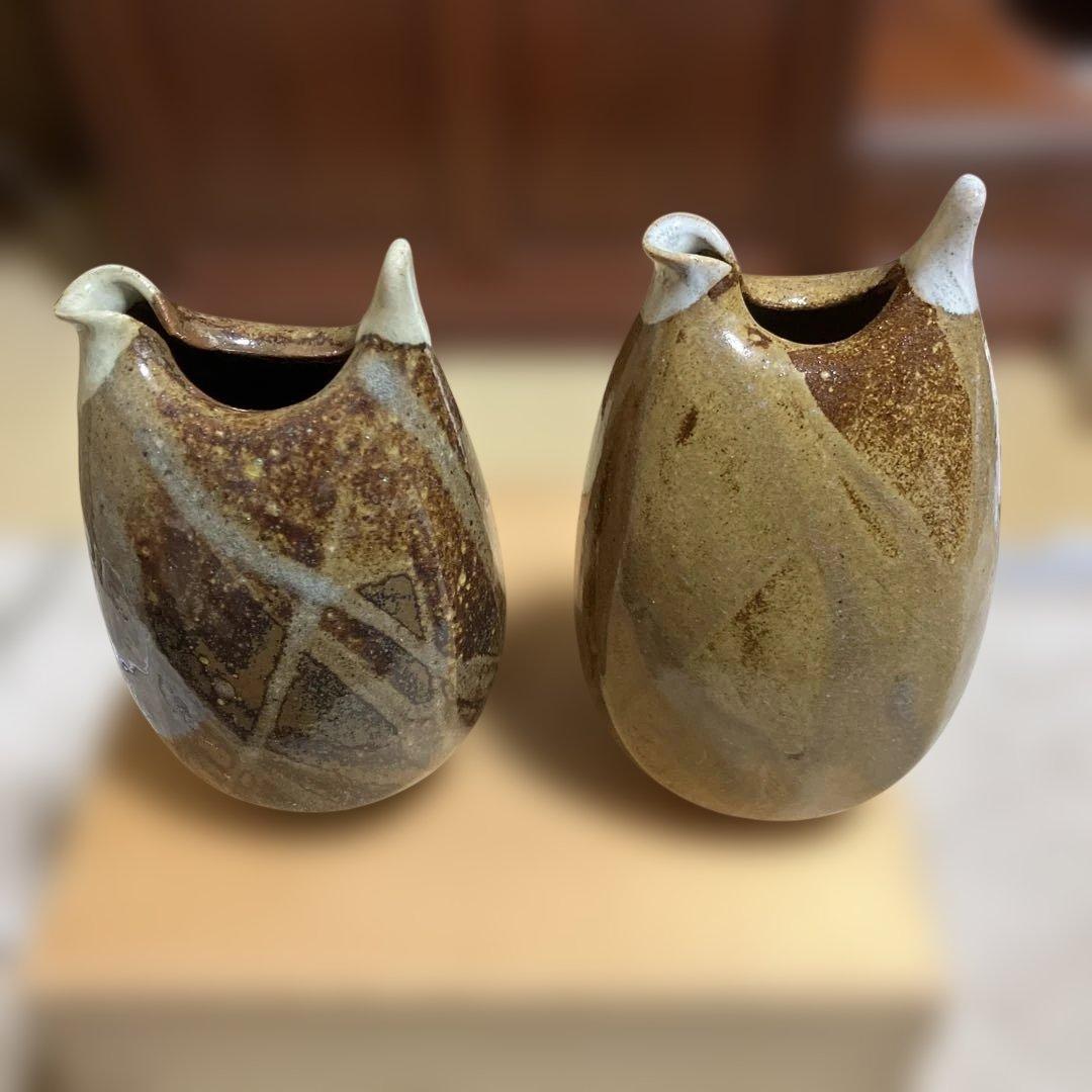 越中瀬戸焼★「庄楽窯」釋永由紀夫 造★『雷鳥 徳利』一対★未使用　専用箱有り