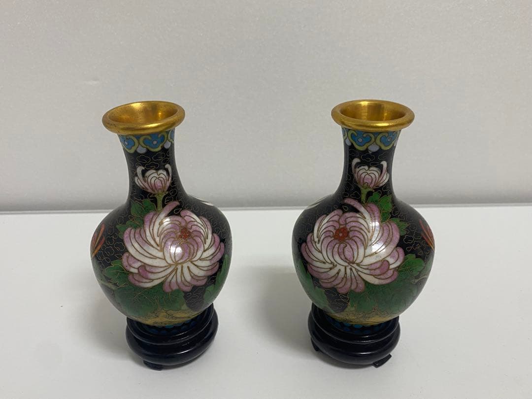 中国美術 花瓶 一対 台付き 中国七宝 花器 壷 景泰藍 花鳥図 唐物 七宝焼