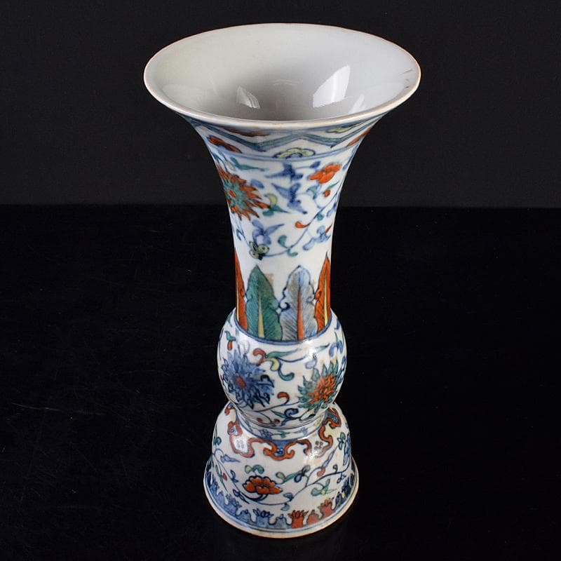 中国　大明萬暦年製　豆彩　花卉文　尊式瓶　V　R7686