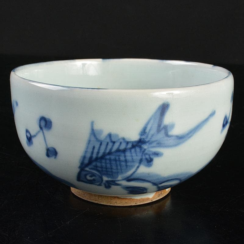 茶道具　古染付　魚波文 　煎茶碗　仕覆付　 表千家碌々斎極め箱　M　R7060