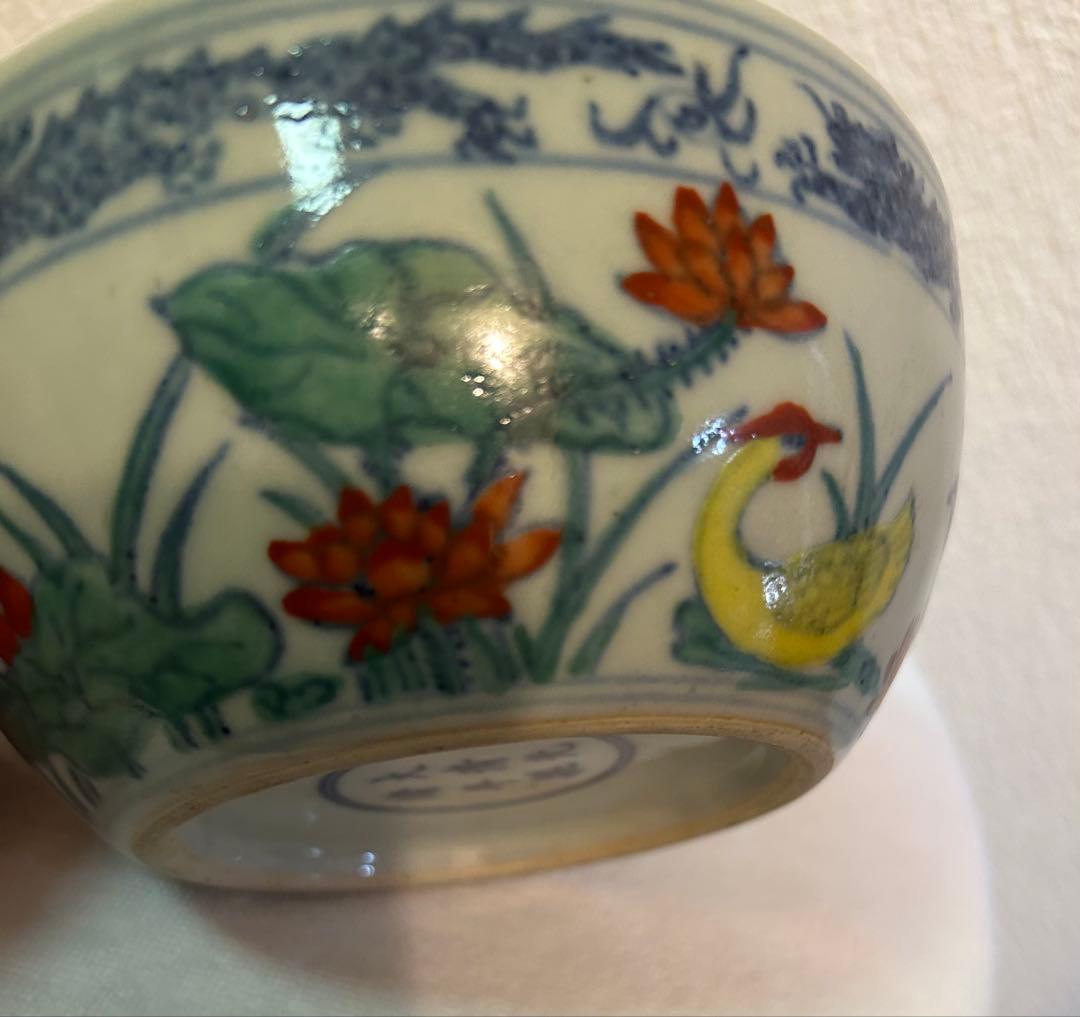 中国　清時代　斗彩　蓮鳥紋　大清光緒年製銘