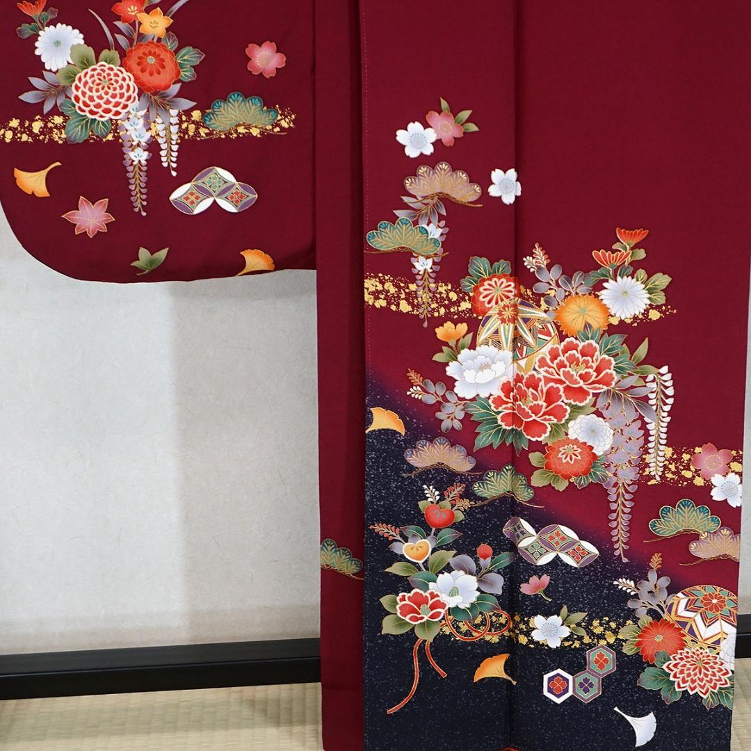 モダンなダークピンク　牡丹　藤　正絹振袖　長襦袢付　160cm　a657