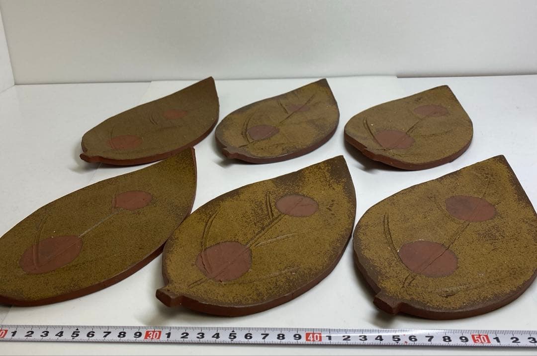 吉本正　備前葉皿6客　幅約23.2㎝　共箱　東さ7-0915①