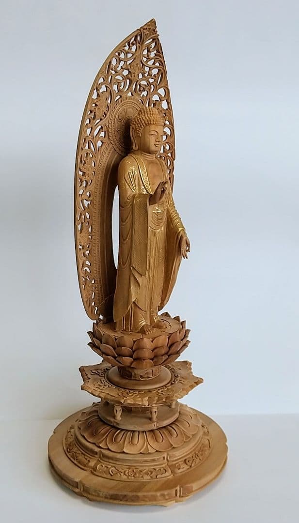 阿弥陀如来立像 5寸 #659+#557 円台座 宝相華唐草 ◆白檀 木彫 仏像