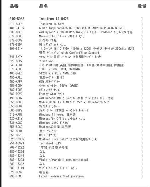 Windowsノート本体 Inspiron 14 5425 RYZEN7