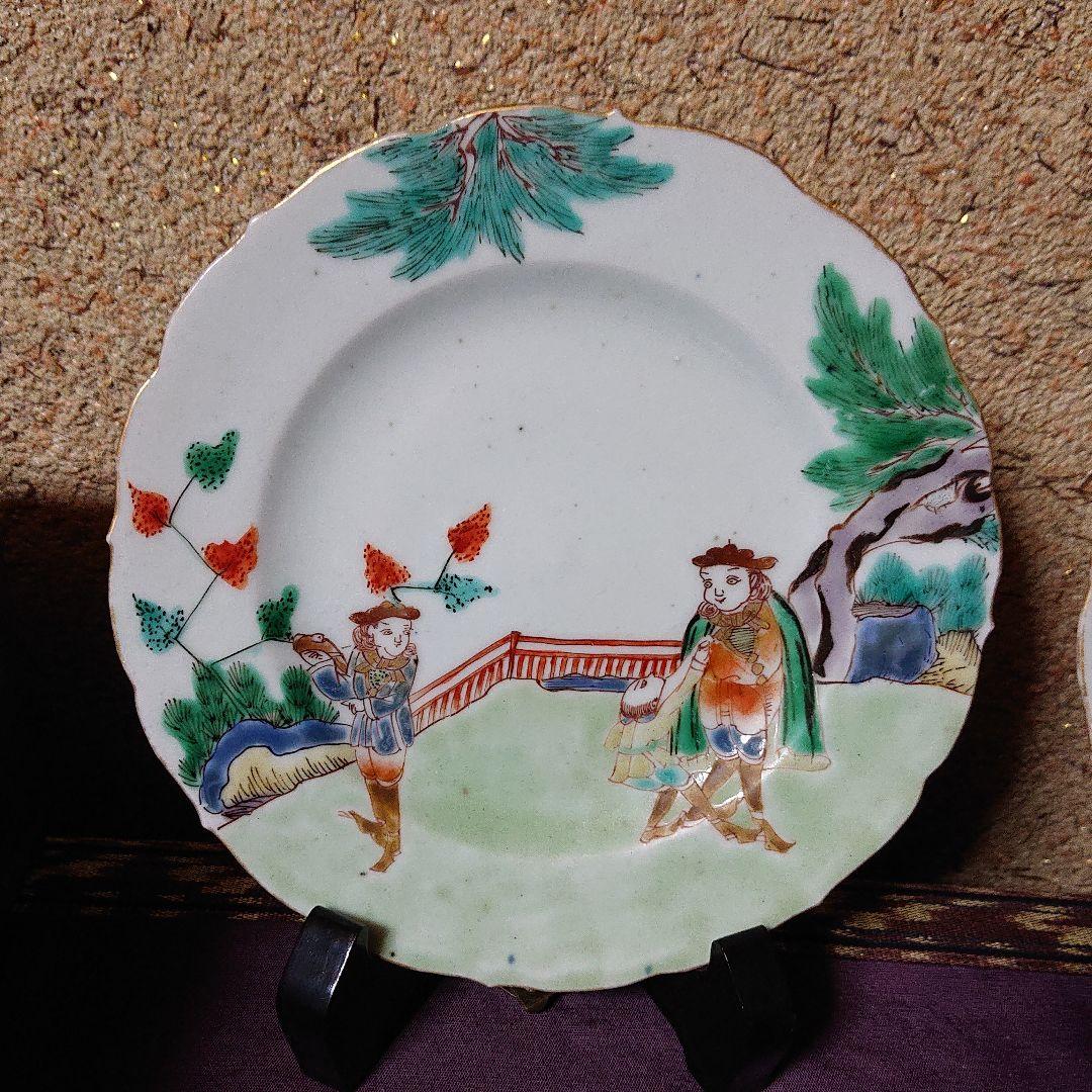 古伊万里 南蛮人と伝書鳩(鷹)図  輪花 菓子器 皿