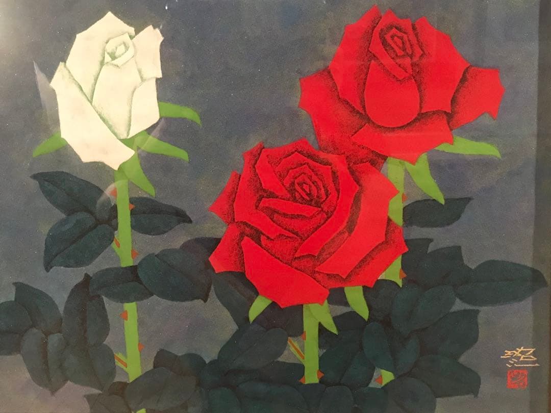 佐藤昭三　「紅白薔薇」　日本画１０号　直筆サイン・落款有り