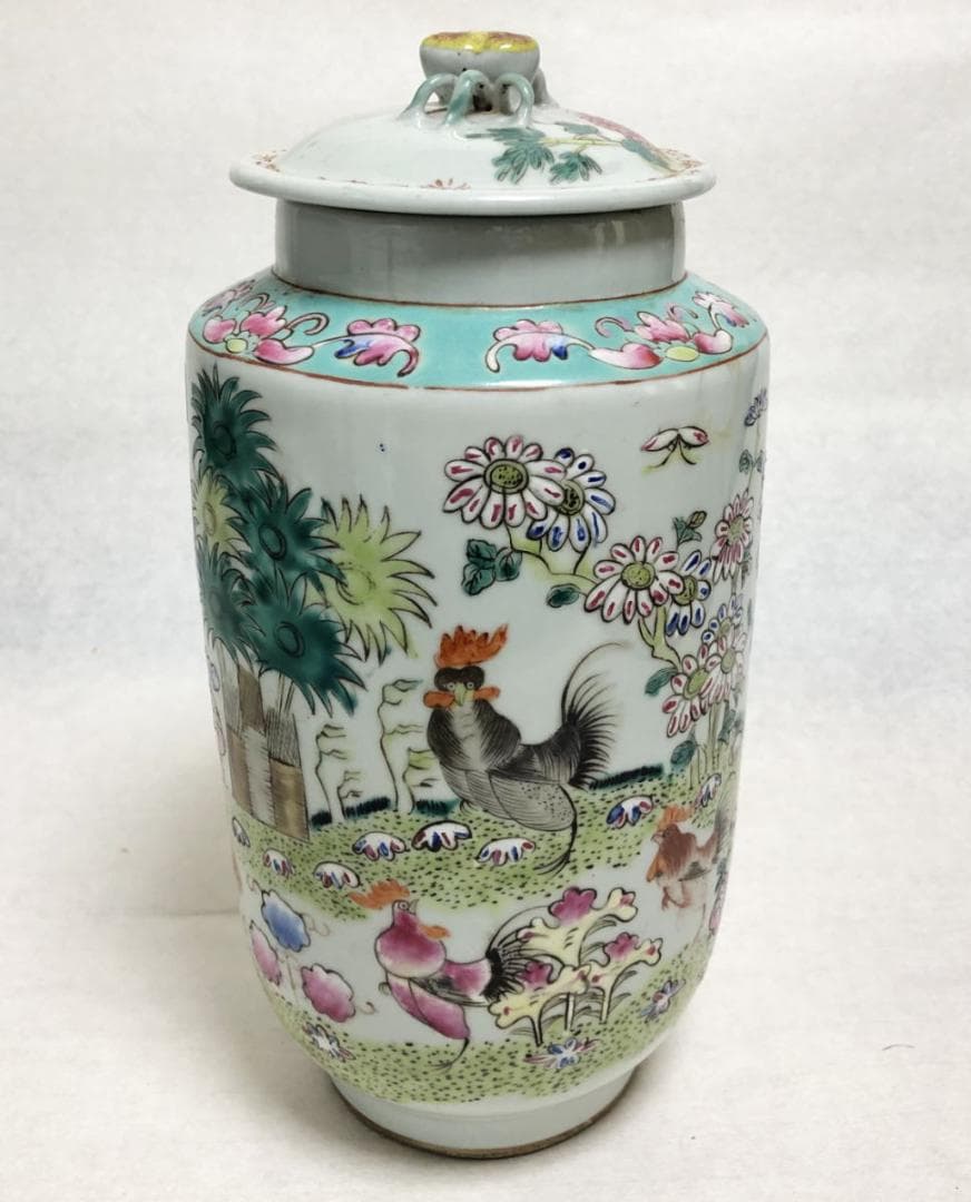 民国 色絵染付 鶏花蝶図色絵蓋物 伝世品焼物 無傷完品 ウブ品 WWTT045