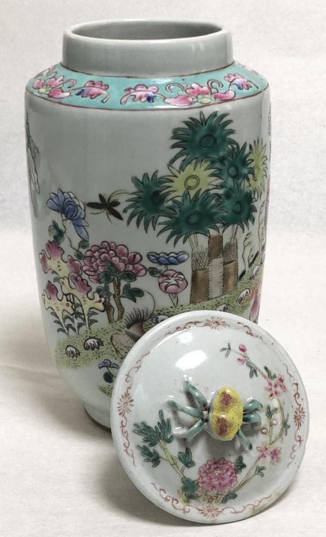 民国 色絵染付 鶏花蝶図色絵蓋物 伝世品焼物 無傷完品 ウブ品 WWTT045