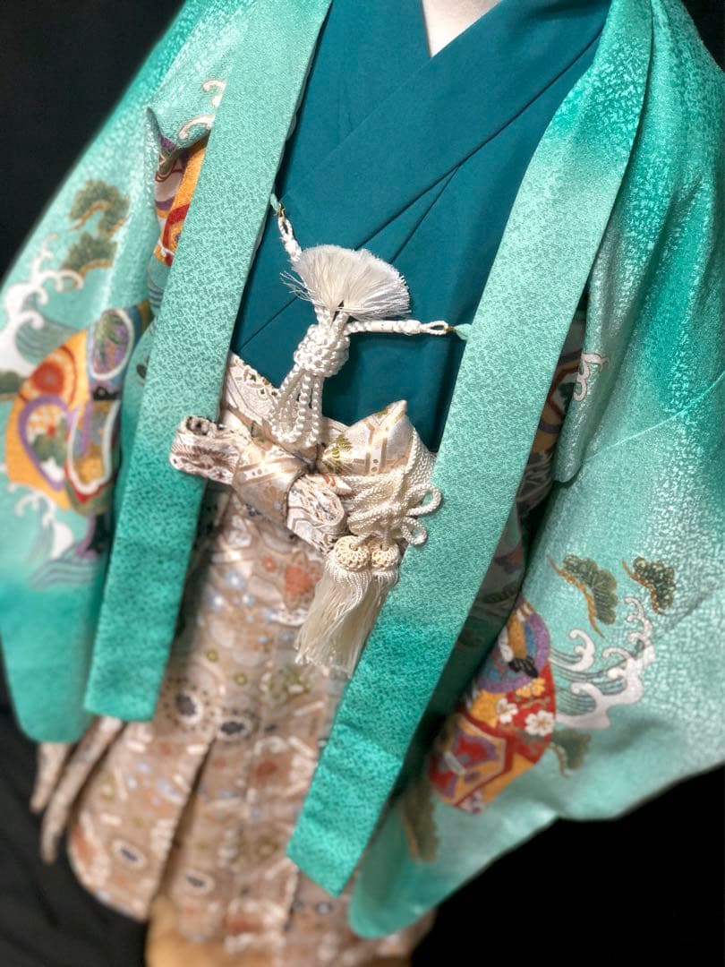 七五三 3歳　小柄　5歳　男の子　エメラルドグリーン　羽織　着物　袴　セット