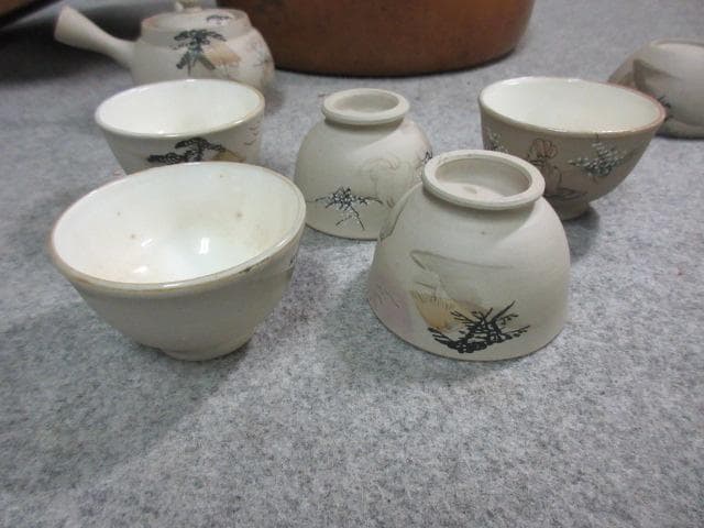 萬古焼 色絵 風景図 煎茶器セット 茶櫃付き [B25249]