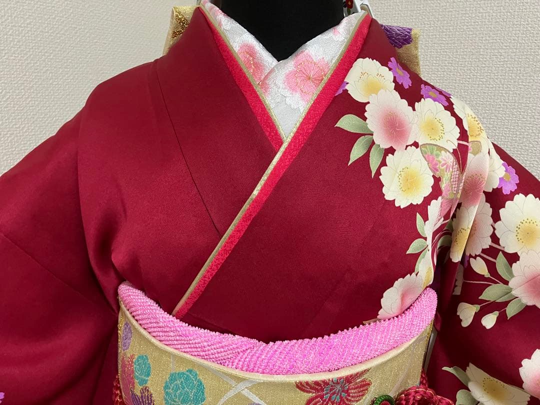 えんじ＆クリームツートン正絹振袖 全て揃ったフルセット　身丈174裄丈68