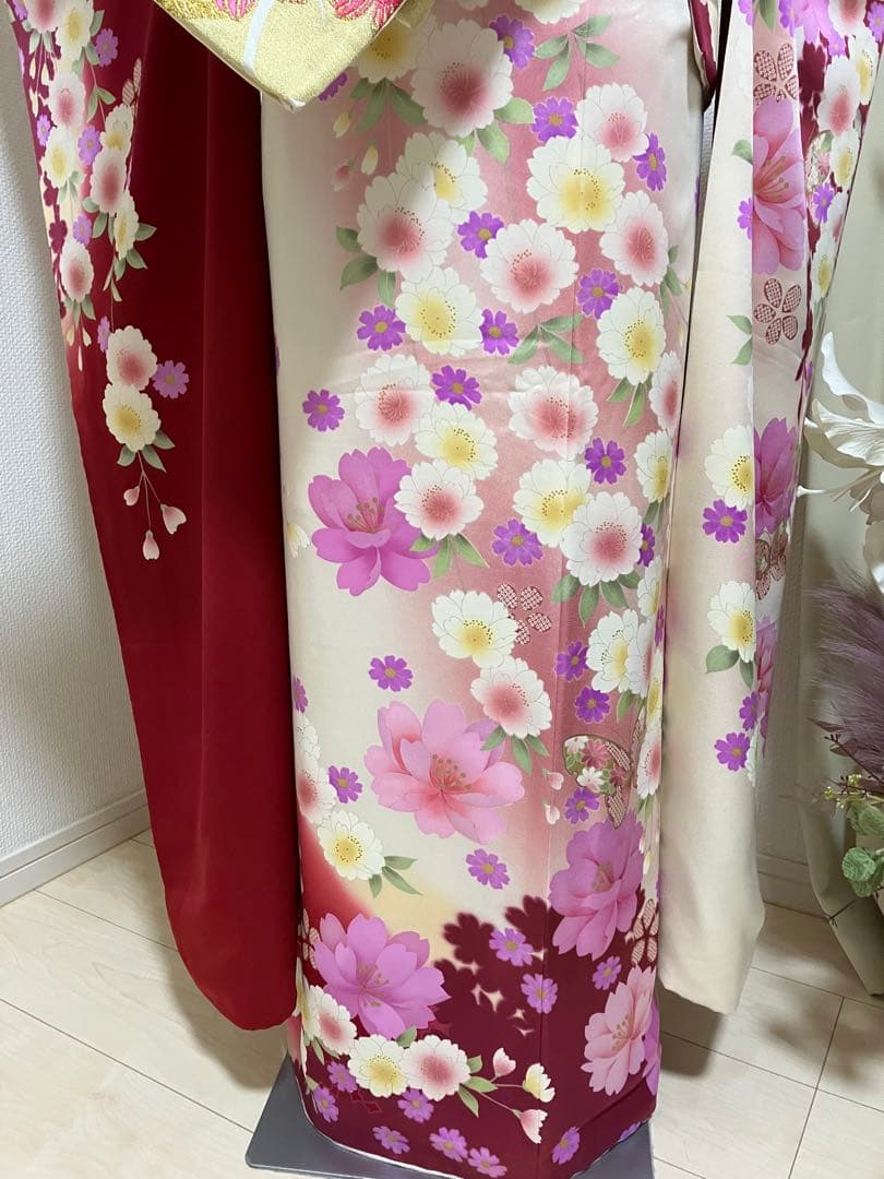 えんじ＆クリームツートン正絹振袖 全て揃ったフルセット　身丈174裄丈68