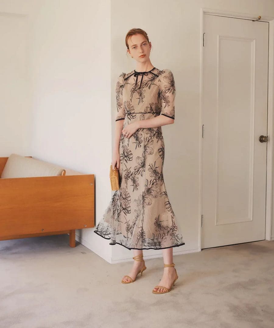 花柄リボンパフスリーブマーメイドワンピースドレス 結婚式 二次会 成人式