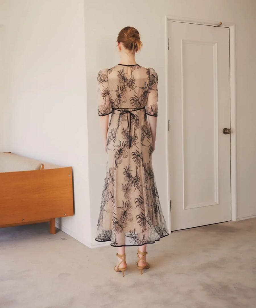 花柄リボンパフスリーブマーメイドワンピースドレス 結婚式 二次会 成人式