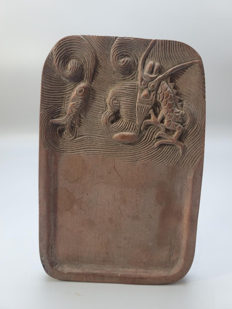 中国美術 文房具 青白磁 筆架 木彫龍 硯 二件