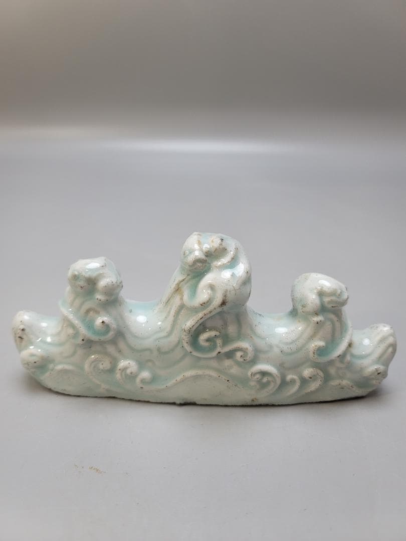 中国美術 文房具 青白磁 筆架 木彫龍 硯 二件