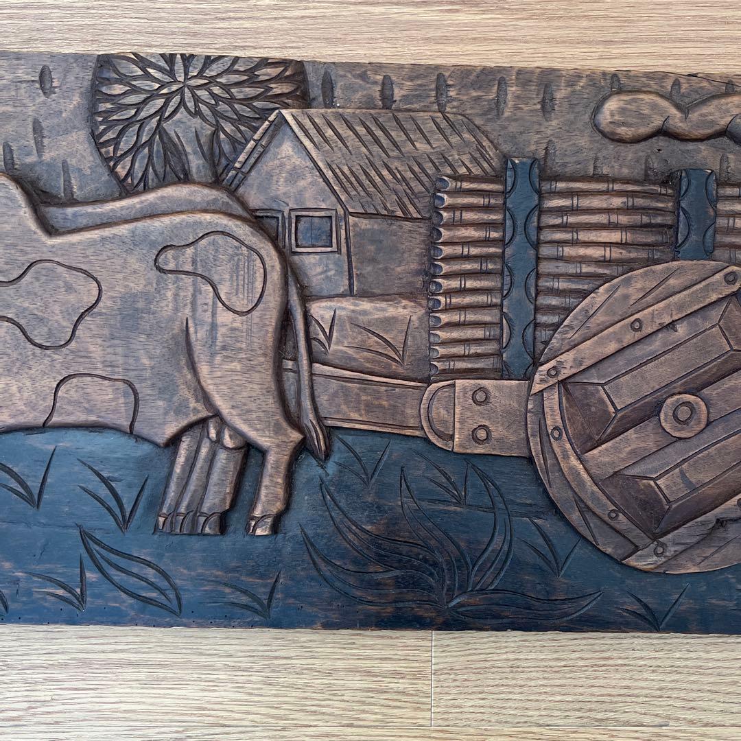 木製農業シーン浮彫りレリーフ 約８０cm 他に１枚